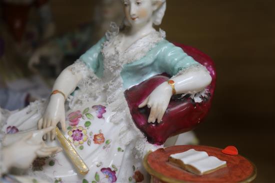 A German porcelain conversation group of three elegant figures and one other similar (cracked)	